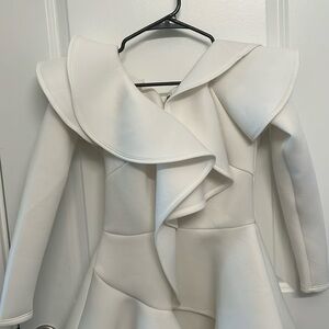 Long sleeve white off shoulder scuba material hi lo top